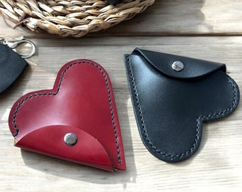 Cartera de cuero con forma de corazón, monedero de cuero con forma de corazón, monedero de cuero rojo y negro hecho a mano, regalo para mujer, regalo de San Valentín