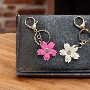May include: A black leather wallet with a silver keychain featuring two flower charms. One charm is pink and the other is white.