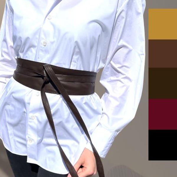 Leather Obi Belt in Mocha Brown, Wide Corset Wrap Belt for Women, Genuine Leather Kimono Sash