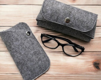 Soft felt glasses case, Wool felt glasses case, Reading glasses case, Grey felt glasses case