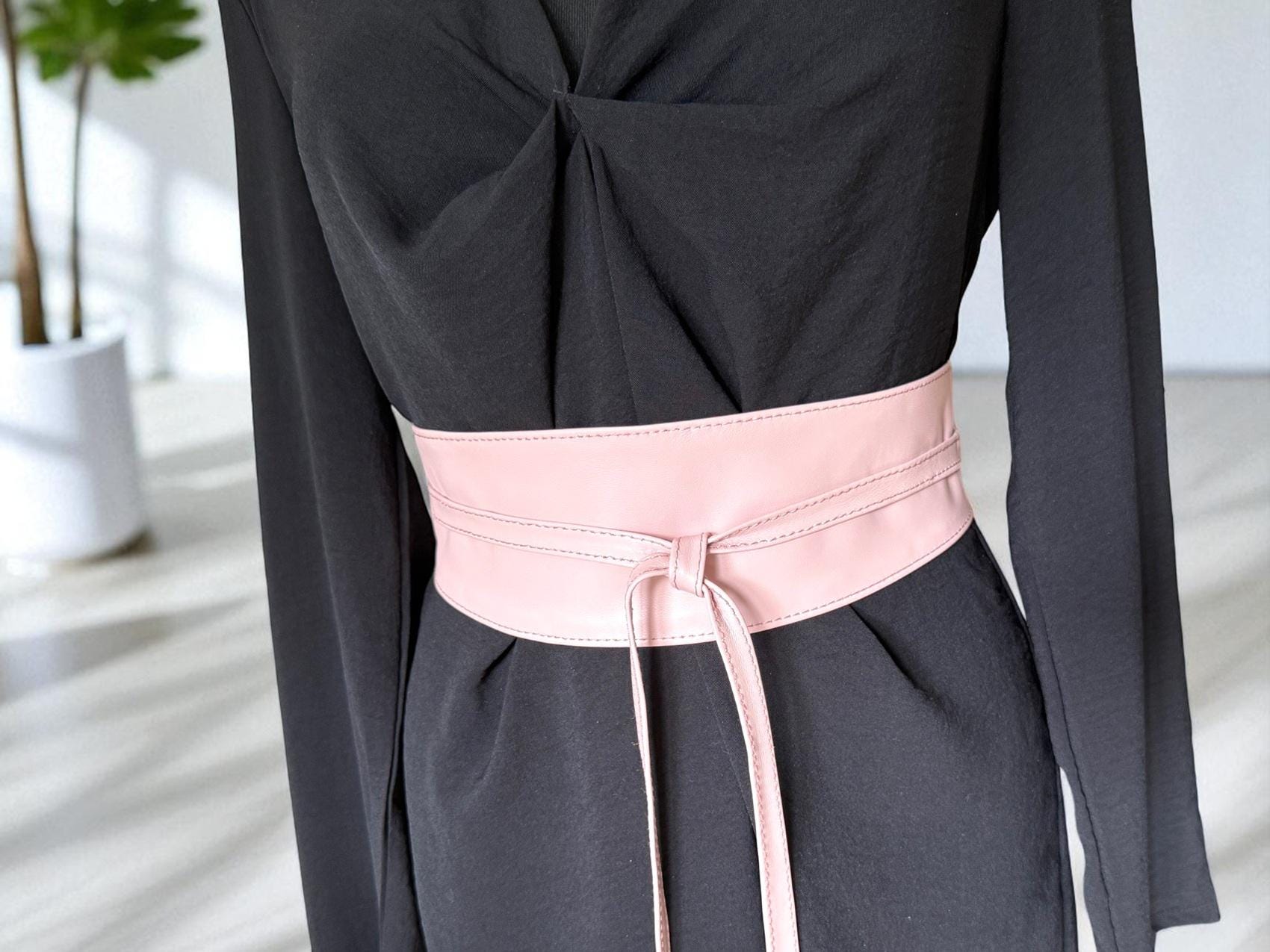 Pink Leather Obi Belt, Rose Color Sash Belt, Women