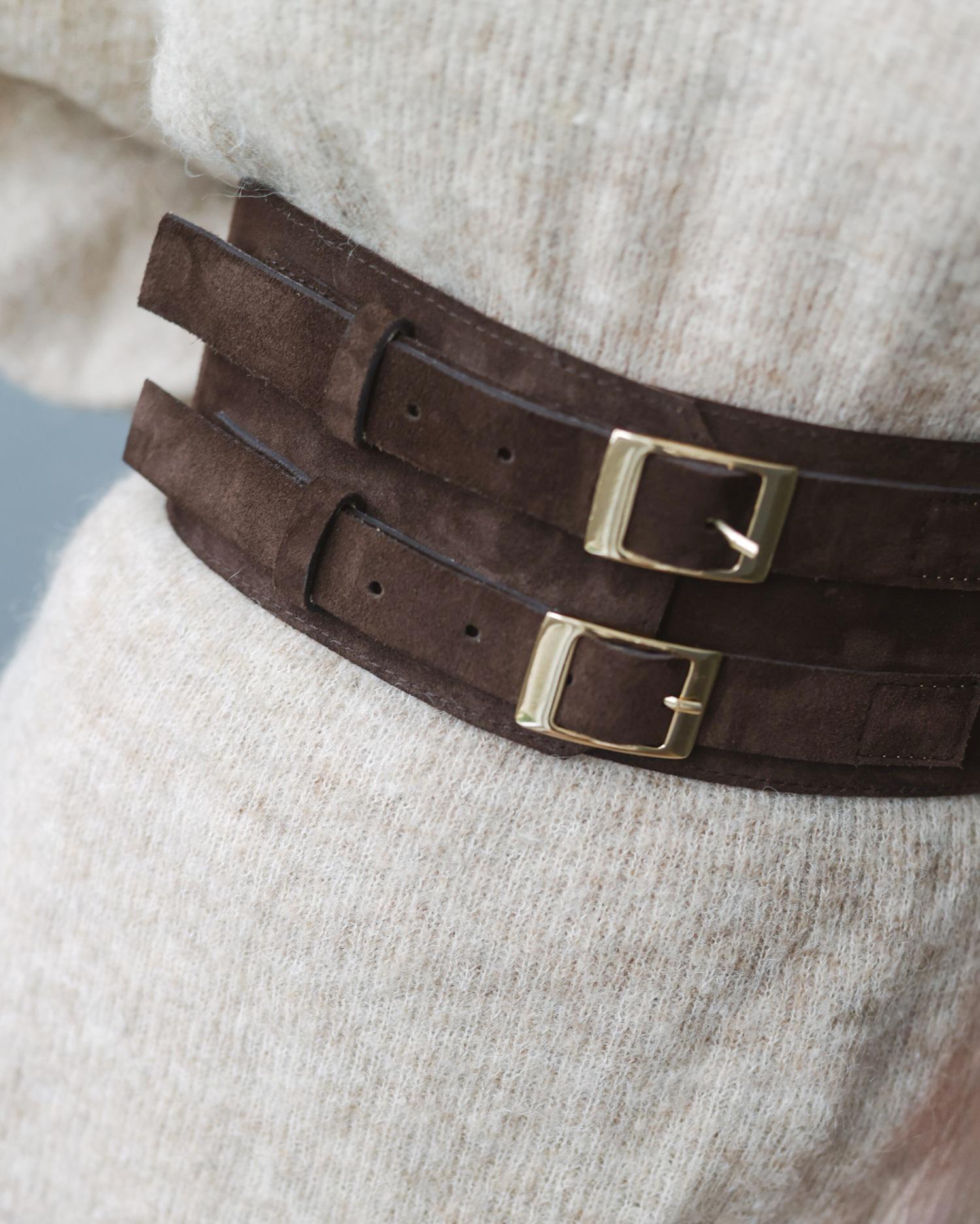 Wide Suede Belt With Buckles – Brown Black Leather Waist  display picture 1