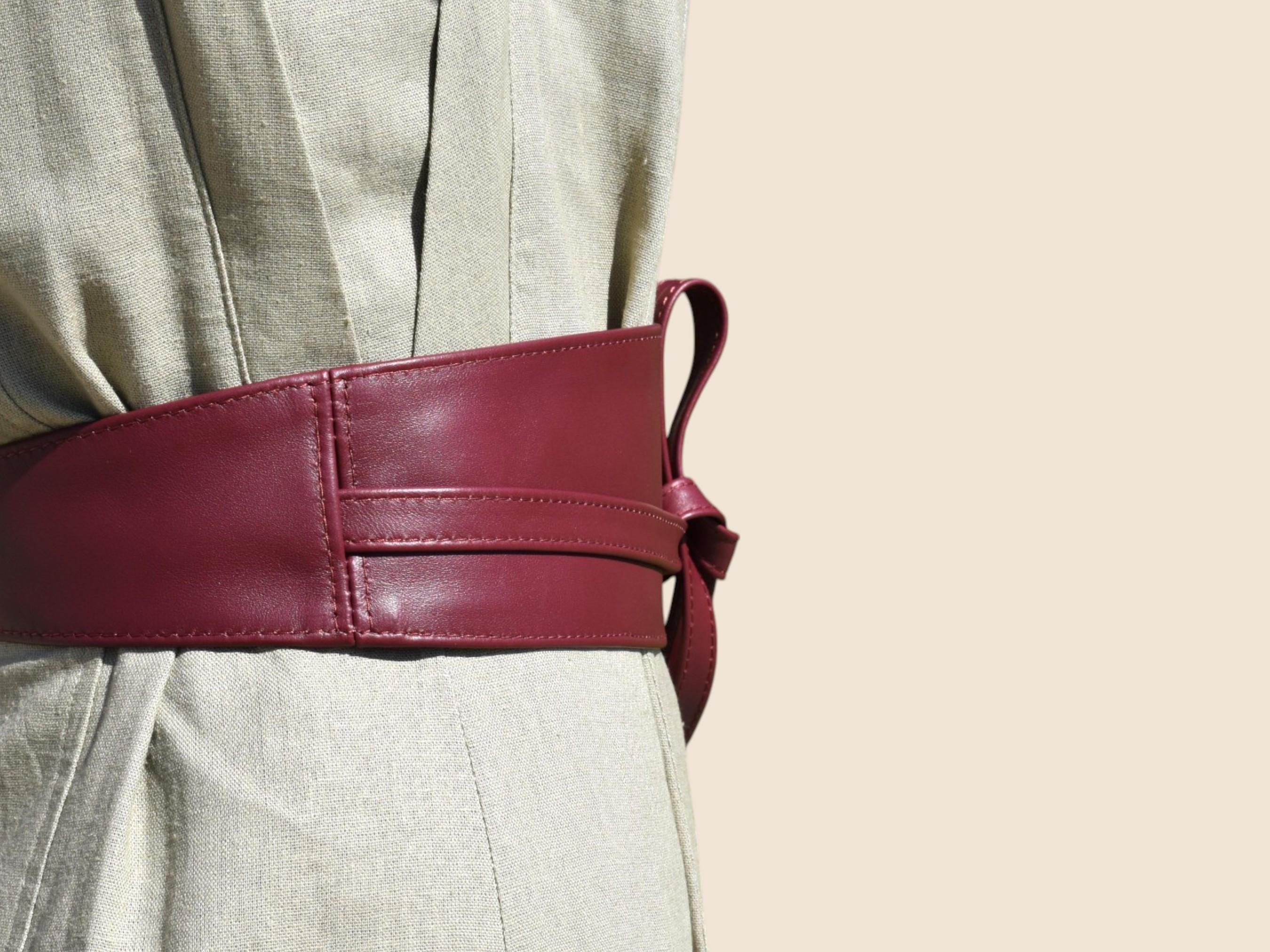 Burgundy Leather Wrap Belt, Deep Red Obi Belt Leather, Waist  display picture 1