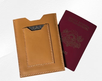 Bruin lederen paspoort creditcardhoes met de hand gestikt, lederen paspoorthouder, lederen paspoorthoes voor dames, heren