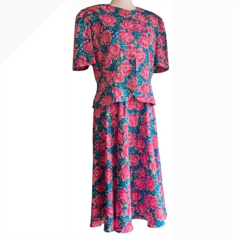 Vintage Adrianna Papell Floral Two Piece Skirt Set Cottagecore Coastal Chic READ image 1