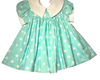 Vintage Lanz for Girls Mint Green Polka Dot Dress Peter Pan Collar 12MO USA