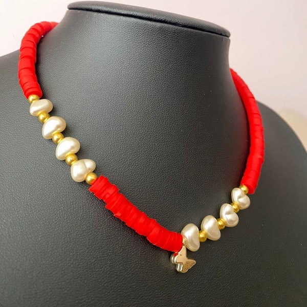 Collier de perles Fımo, Collier papillon Fımo et perle, Collier de perles de graines, Ras de cou Fımo rouge, Collier fait main y2k, choker