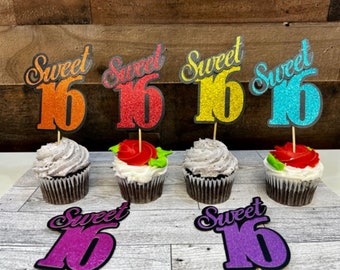 Sweet 16 Cupcake Toppers, 2 layers of glitter cardstock, 16th birthday party decor