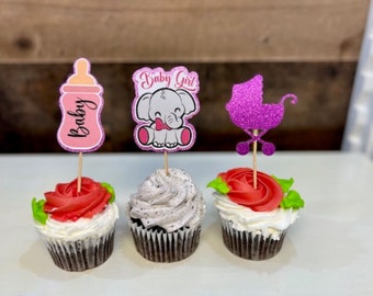 Baby-Dusche-Cupcake-Dekor, Baby-Mädchen-Dekor, Elefant, Baby-Dusche-Dekor, Glitzer-Karton