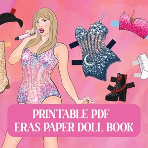 Bambola di carta Taylor Eras stampabile con 10 outfit dal tour! Perfetto regalo d'arte o riempitivo per calze. PDF di facile stampa, attività natalizia!