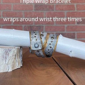 Leather bracelet triple wrap multi wrap distressed handcrafted hand painted silver and gold brass eyelets snap closure image 7