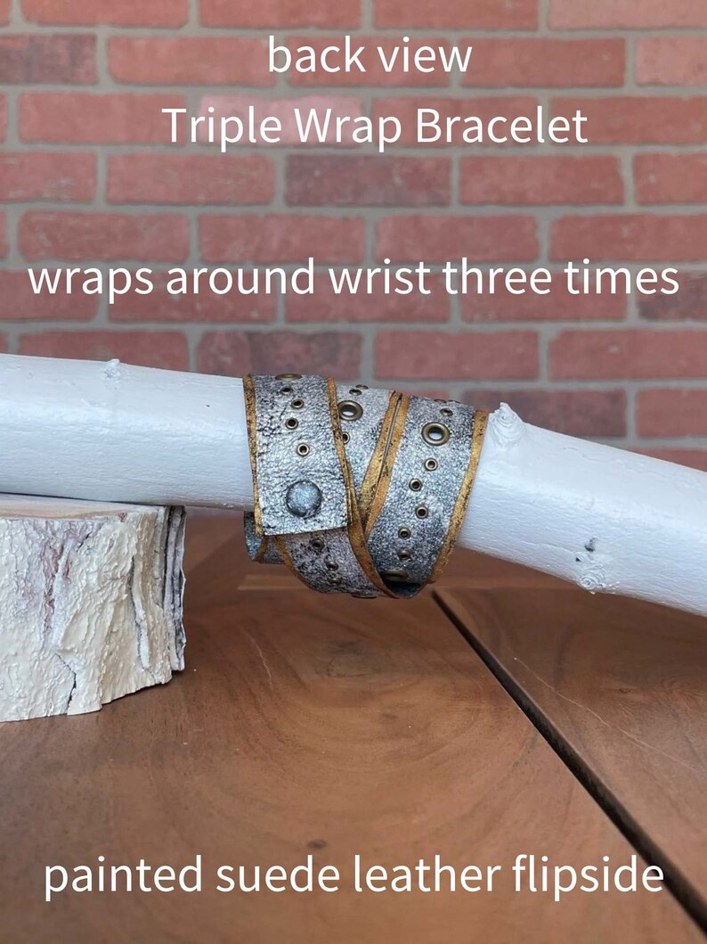 Leather bracelet triple wrap multi wrap distressed handcrafted hand painted silver and gold brass eyelets snap closure image 7