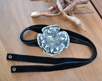 3D rosette choker, leather flower necklace, distressed handcrafted, silver hand painted, crystal, double side velvet ribbon, tie clasp