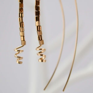 Wire earrings crescent shape metallic glass beads bronze handcrafted 14K gold fill wire statement image 3