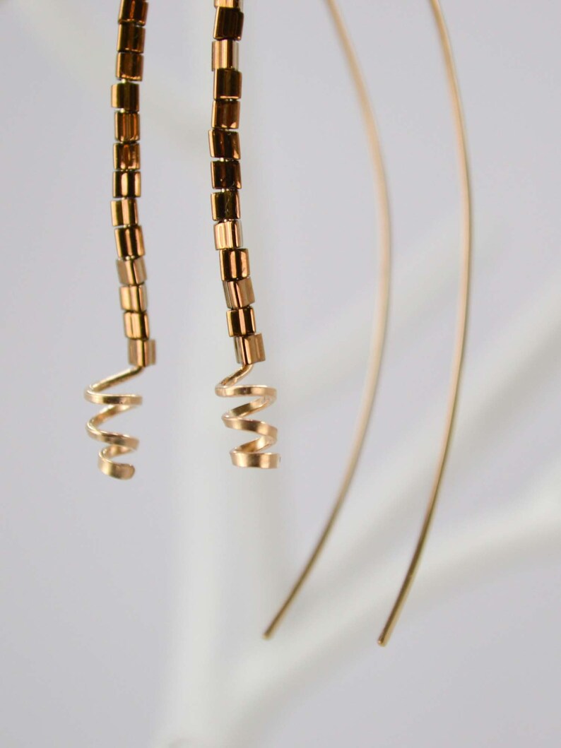 Wire earrings crescent shape metallic glass beads bronze handcrafted 14K gold fill wire statement image 3