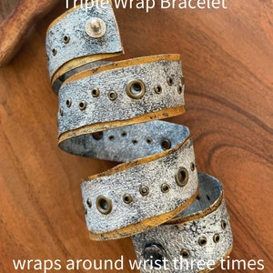 Leather bracelet triple wrap multi wrap distressed handcrafted hand painted silver and gold brass eyelets snap closure image 4