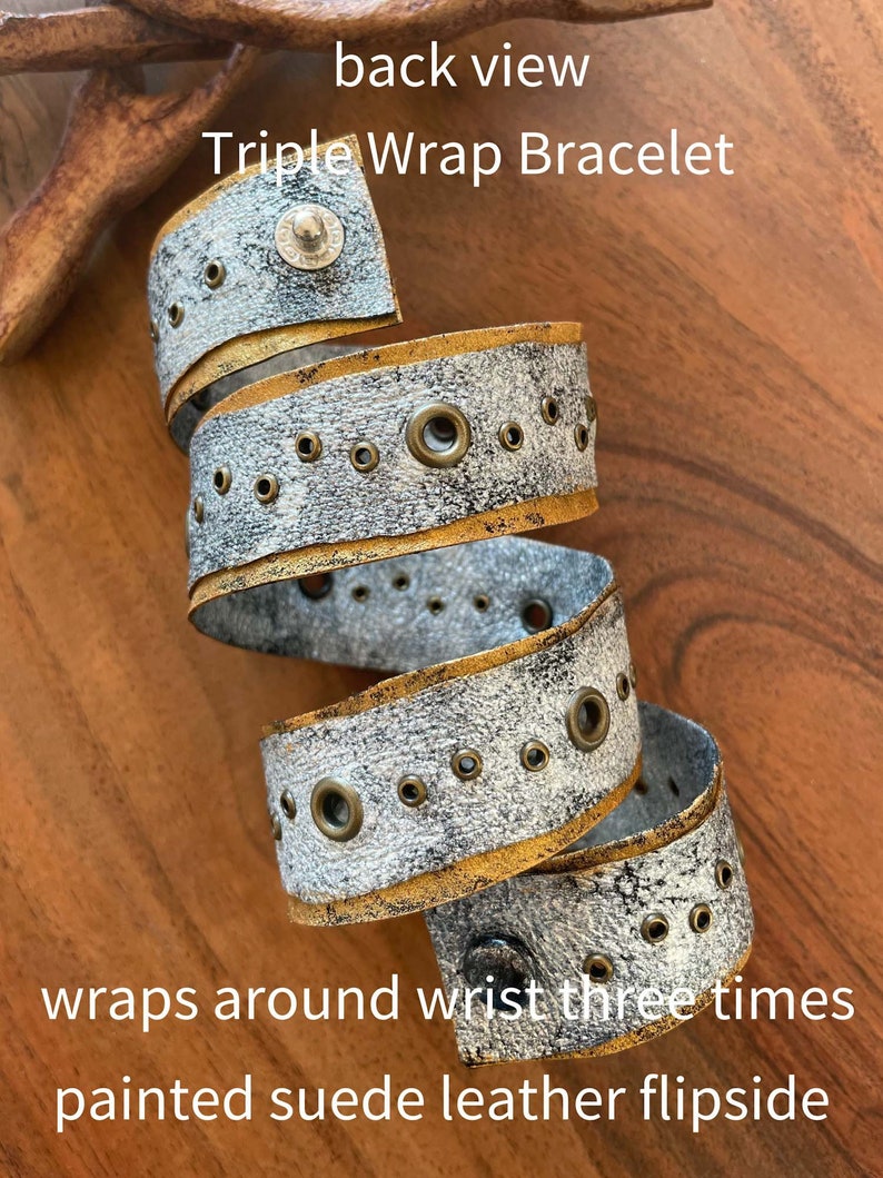 Leather bracelet triple wrap multi wrap distressed handcrafted hand painted silver and gold brass eyelets snap closure image 4