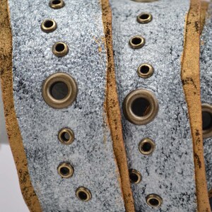 Leather bracelet triple wrap multi wrap distressed handcrafted hand painted silver and gold brass eyelets snap closure image 3