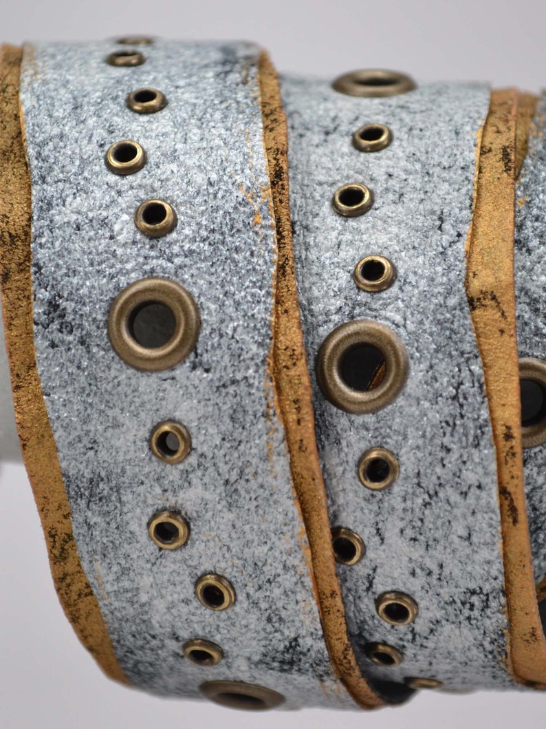 Leather bracelet triple wrap multi wrap distressed handcrafted hand painted silver and gold brass eyelets snap closure image 3