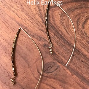 Wire earrings crescent shape metallic glass beads bronze handcrafted 14K gold fill wire statement image 4