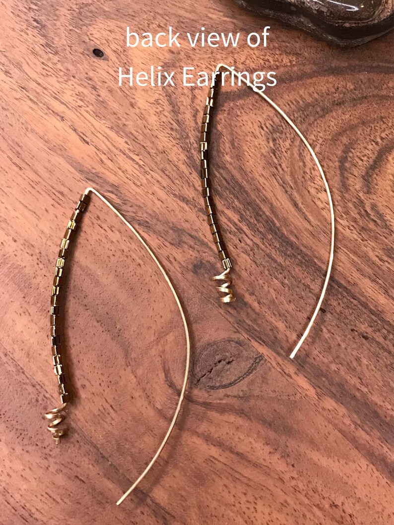 Wire earrings crescent shape metallic glass beads bronze handcrafted 14K gold fill wire statement image 4