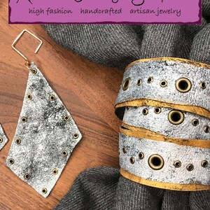 Leather bracelet triple wrap multi wrap distressed handcrafted hand painted silver and gold brass eyelets snap closure image 2