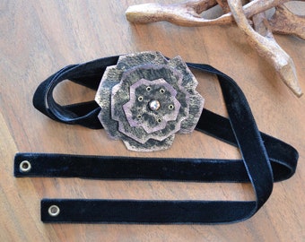 Leather choker | flower necklace | rosette | distressed | handcrafted | hand painted lilac | crystal | double side velvet ribbon | tie clasp