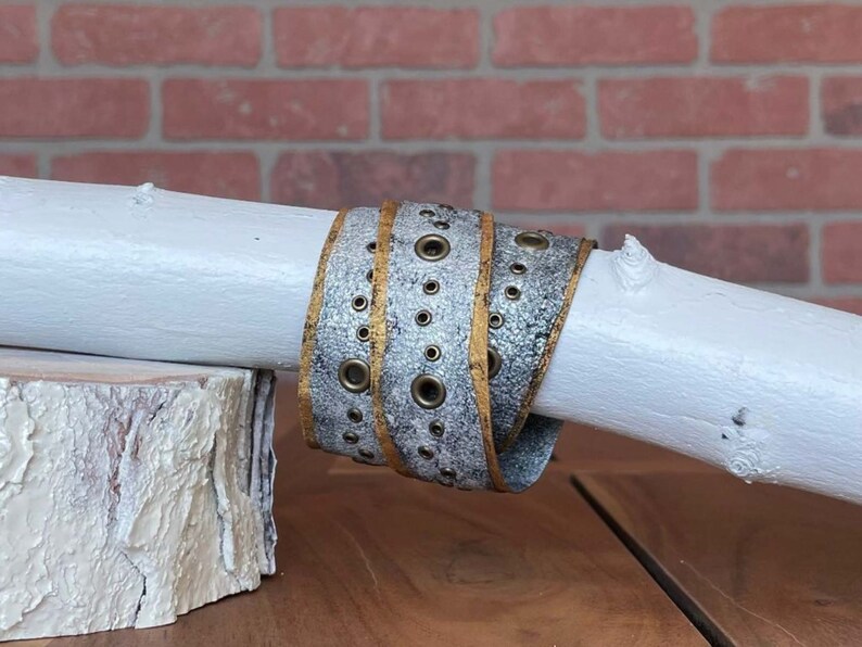 Leather bracelet triple wrap multi wrap distressed handcrafted hand painted silver and gold brass eyelets snap closure image 1
