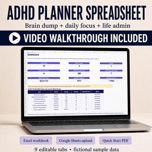 ADHD Planner Spreadsheet | Brain Dump, Daily Focus, Life Admin (Excel, Google Sheets)