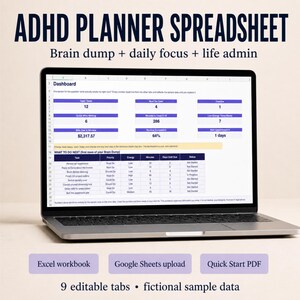 ADHD-planeringsblad | Hjärndump, Dagligt fokus, Livsadministration (Excel, Google Sheets)