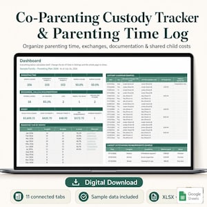 Co-Parenting Custody Tracker Spreadsheet | Parenting Time Log, Expenses (Digital Download)