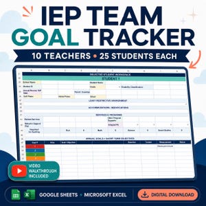 Könnte beinhalten: Eine digitale Tabellenkalkulationsvorlage IEP Team Goal Tracker für 10 Lehrer und jeweils 25 Schüler. Die Benutzeroberfläche enthält Felder für Schülerinformationen, das am wenigsten restriktive Umfeld, Dienste, Programme sowie Jahresziele und kurzfristige Ziele.