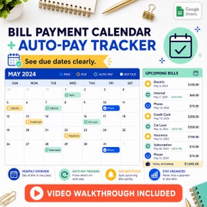Calendario de seguimiento de facturas mensuales / Lista de verificación de pagos automáticos, registro de fechas de vencimiento / Plantilla de Google Sheets