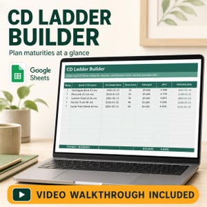 Könnte beinhalten: Ein Laptop-Bildschirm zeigt eine Google Sheets CD Ladder Builder-Vorlage mit Spalten für Bankname, Kaufdatum, Laufzeit, Kapital, APY und Fälligkeitsdatum. Der Text CD LADDER BUILDER und VIDEO WALKTHROUGH INCLUDED sind auf dem Bildschirm zu sehen.