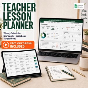 Teacher Lesson Planner | Weekly Classroom Schedule, Standards & Gradebook Spreadsheet | Google Sheets Template