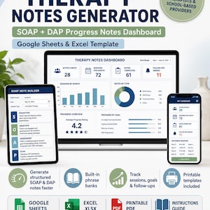 SOAP Note Generator | Therapy Progress Notes Template | DAP Note Builder | Therapist Google Sheets & Excel | Session Tracker + Phrase Banks