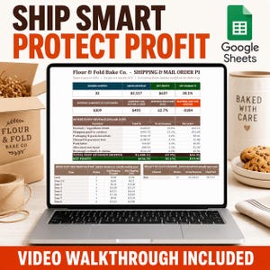 May include: A laptop screen displaying a Google Sheets spreadsheet titled Flour & Fold Bake Co. Shipping & Mail Order PI, featuring financial data tables for orders, revenue, net profit, and shipping costs, with text reading SHIP SMART PROTECT PROFIT.