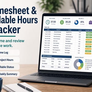 Puede incluir: Una pantalla de portátil que muestra un panel de control de seguimiento de horas facturables con un registro de tiempo, resumen semanal y gráficos. La interfaz incluye columnas para fecha, proyecto, cliente, horas y estado de facturación.
