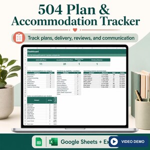 Hoja de cálculo para el seguimiento del Plan 504 / Registro de adaptaciones y revisiones de la Sección 504 / Organizador de casos escolares en Google Sheets