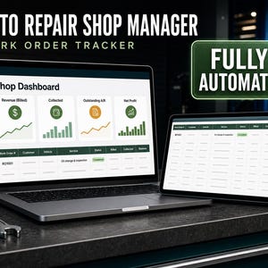 May include: A laptop and tablet displaying an Auto Repair Shop Manager Work Order Tracker dashboard with financial charts and a status table. A green rectangular badge reads Fully Automated. The screen shows revenue, collected, and net profit data.