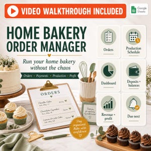 Home Bakery Order Tracker | Custom Orders, Ingredient Costs & Profit Spreadsheet