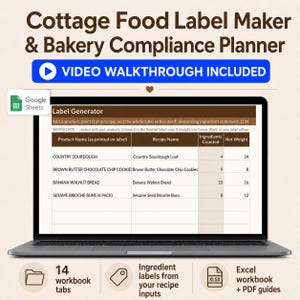 Cottage Food Label Maker Spreadsheet | Google Sheets Bakery Business Planner | Ingredient Allergen Label Generator