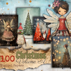 Peut inclure: Une collection de papiers numériques de Noël avec des illustrations fantaisistes. L'œuvre comprend une fée, un bonhomme de neige, un sapin de Noël et une figurine du Père Noël. Le texte "100 Christmas Volume A Digital Papers" est affiché sur un fond de papier déchiré.