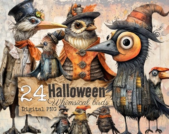 Halloween Whimsical and weird Birds Cliparts 24 png scrapbooking art digital commercial use printable sheets