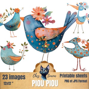 23 cliparts lovely whimsical birds PNG transparent piou piou fussy cut commercial use digital download