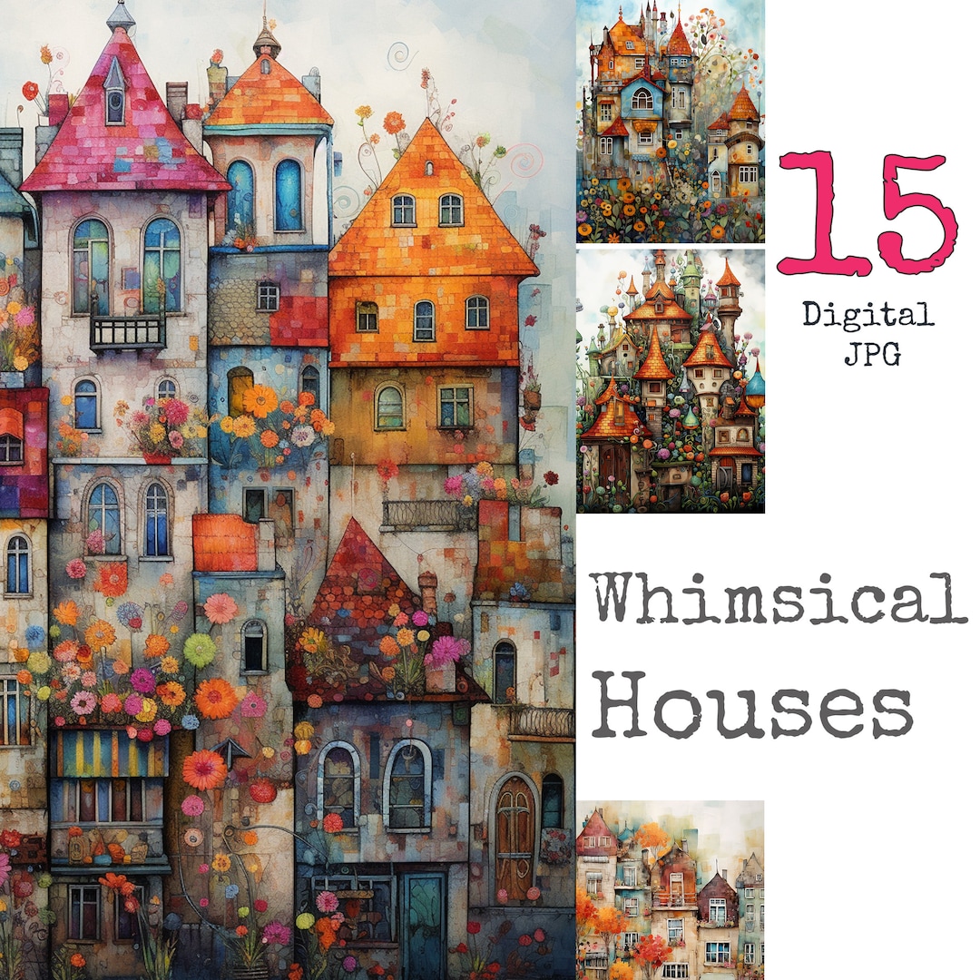 Whimsical Houses Papers Colorful Watercolor Printable Junk Journal ...