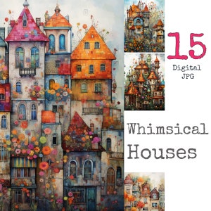Whimsical Houses Papers colorful aquarelle printable Junk Journal Scrapbooking Maisons fantaisistes très colorées DIY commercial use