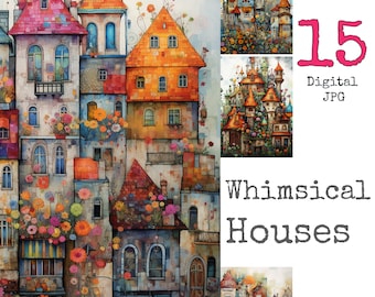 Whimsical Houses Papers colorful watercolor printable Junk Journal Scrapbooking Whimsical Houses very colorful DIY commercial use