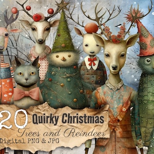Quirky Christmas Trees and Reindeer Cliparts + snowy landscapes papers 20 png + jpg scrapbooking art digital commercial use printable sheets