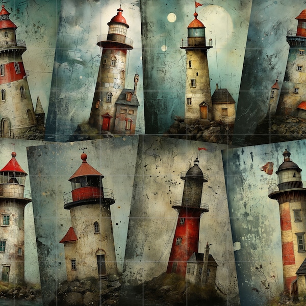 Vintage Grunge Lighthouse Illustrations, Junk Journal A5, A4 JPGs, Nautical Maritime Prints, digital download, DIY JOURNAL, Paper background